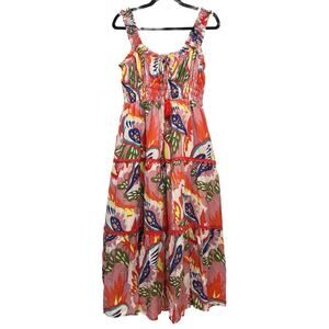 Umgee Tropical Floral Smocked Midi Dress Large Beach Vacation Summer Palm Print